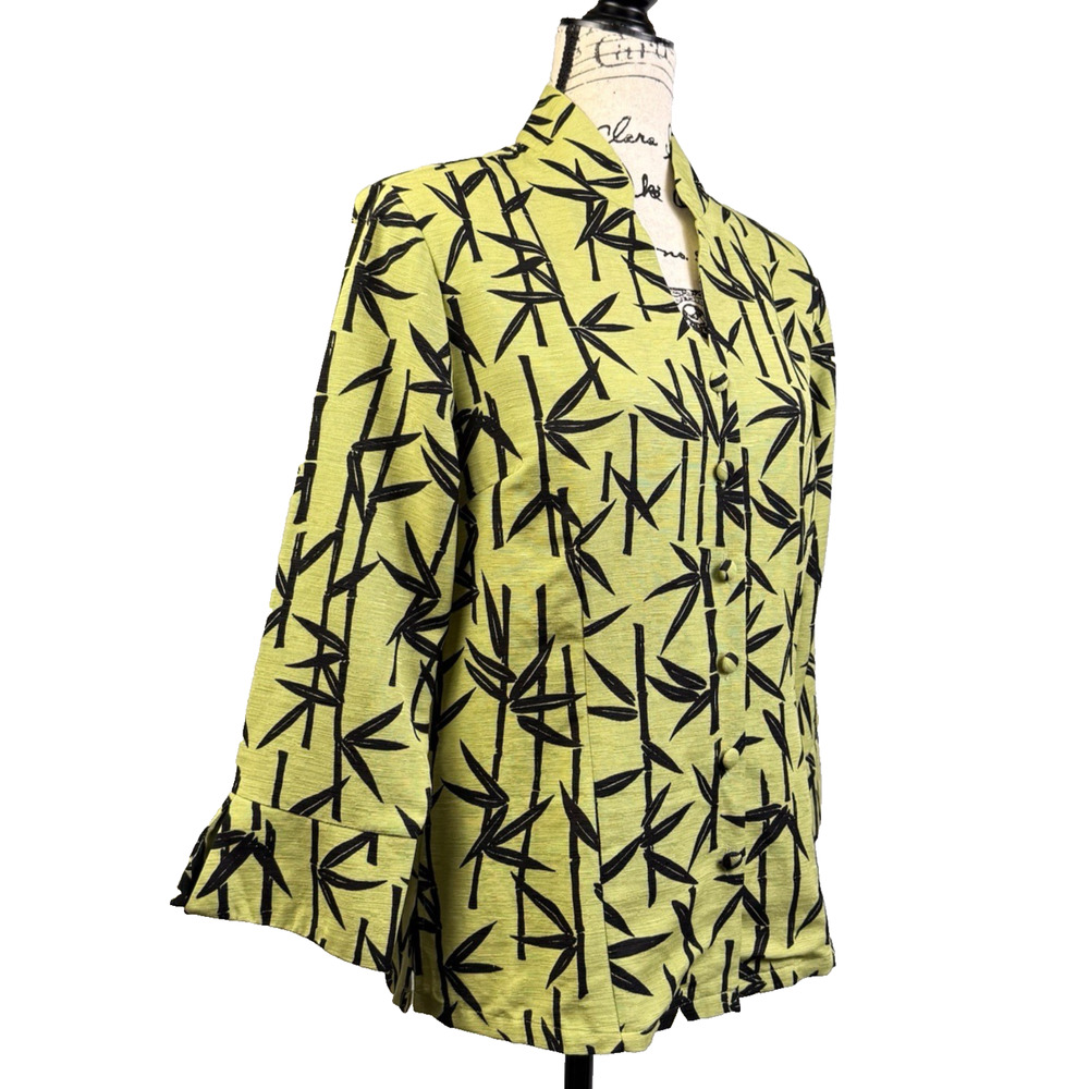 Silk Tunic Green Bamboo Print Nehru Collar 3/4 Sleeve Tailored Sz Med Luxury